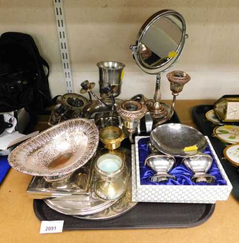 Metalware, to include silver plated salt and pepper shaker gift set, trinket dishes, candelabras,...