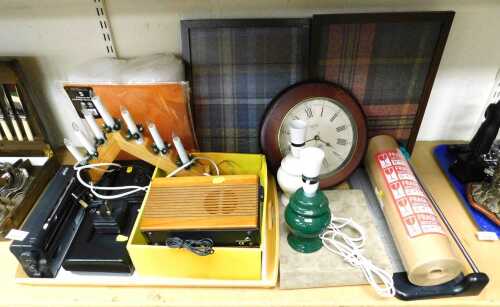 General household effects, to include an electric menorah, wall clock, two trays, radio, table...