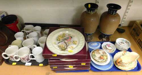 A pair of Royal Doulton stoneware vases, 32cm high, (AF), together with Wedgwood Jasperware,...