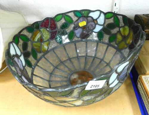 A leaded glass shade, with a lower decorative band of flowers, 35cm diameter.