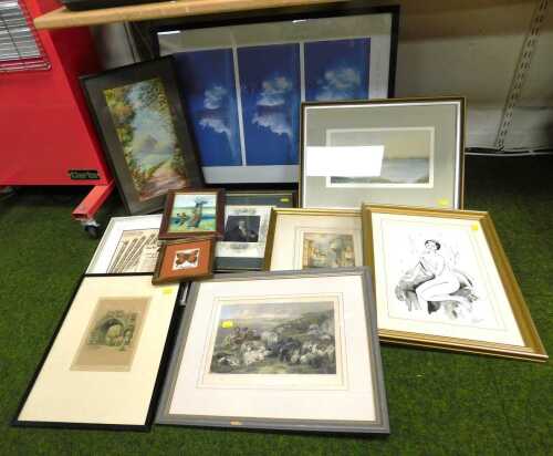 Pictures and prints, to include original watercolours of County Limerick and a city street scene,...