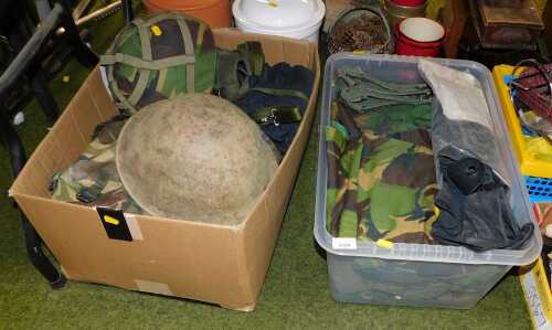 Army related clothing, to include camouflage clothing, camouflage bag, helmets, etc. (2 boxes)