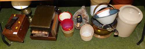 General household effects, to include a terracotta bread bin and cover, and a stoneware example,...