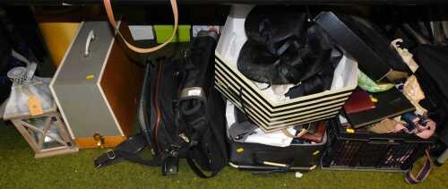 A cased Crown Point sewing machine, together with canvas laptop case, holdall, various belts,...
