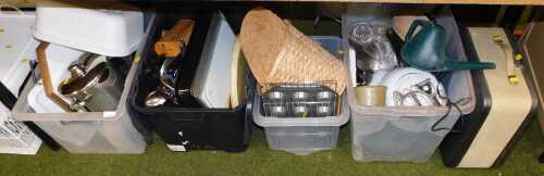 Kitchenalia, to include pans, lemon zester, baking trays, implements, knife block, washing up...