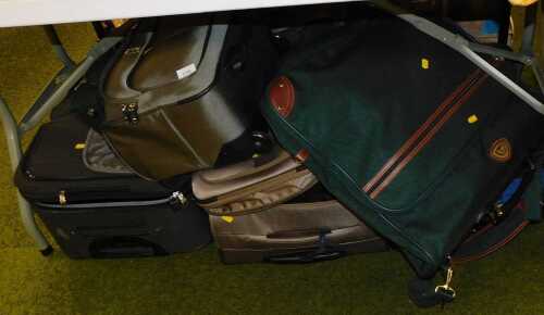 Various suitcases, a Harrods picnic hamper, a Diesel handbag, etc. (contents under 1 table)