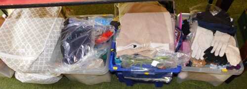 Textiles, to include leather, wool and fabric gloves, scarves, wool jumpers, mostly size small...