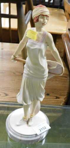 A Royal Doulton Classique Anyone for Tennis resin figure, on marble stand.