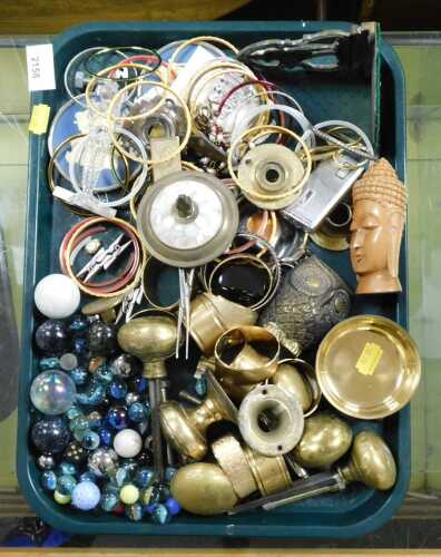 Marbles, brass door handles, brass napkin rings, bangles, etc. (1 tray)