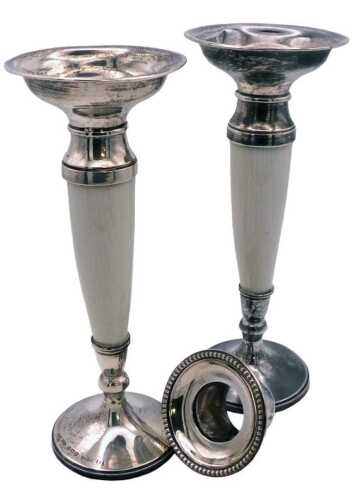 A pair of George VI loaded silver and faux ivory bud vases, Birmingham 1945, 16cm high, and a...