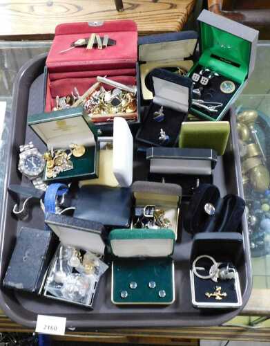 Cufflinks, together with a Tissot watch, other watches, enamel badges, etc. (1 tray)