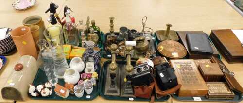 Various treen and metalware, to include a pair of Victorian style brass and black painted steel...