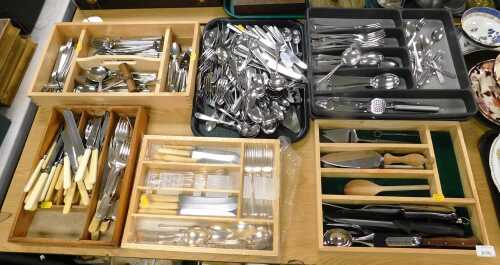 Flatware, to include stainless steel, irovine handled, and EPNS examples, together with kitchen...