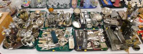 Metalware, to include various silver plated wares, tea and coffee pots, trays, flatware, grape...