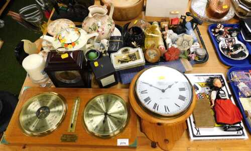 Decorative household objects, to include a brass barometer and clock on a teak mount, a wooden...