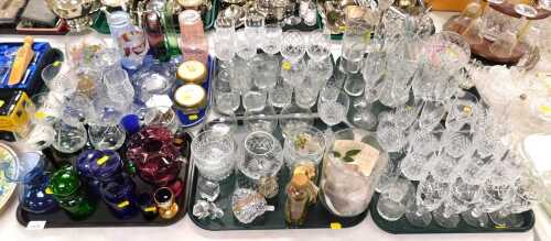 Glassware, to include green glass stemmed crystal hock glasses, a blue glass vase, a cranberry...