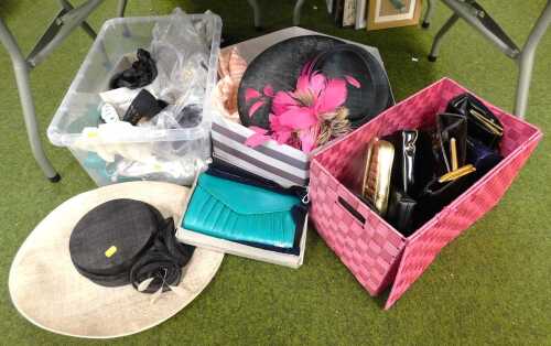 Lady's hats, bags and shoes, to include a Jacques Vert turquoise leather lady's clutch bag with...