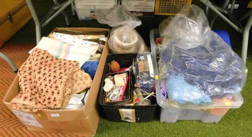 Sewing materials and equipment, to include green velvet, blue velvet curtains, various cotton...
