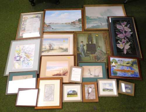 Pictures and prints, to include original watercolours, signed M Hallinan, a watercolour still...