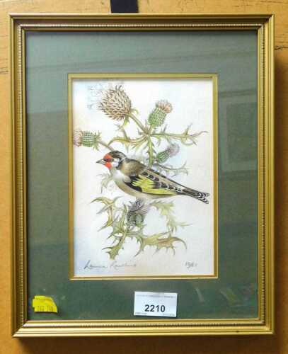 Lance Rawlins. Goldfinch on a branch of thistles, watercolour, signed and dated 1981, 18cm x 13cm.