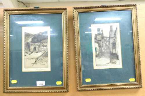 After Reginald Green. Clovelly and Minehead, monochrome etchings, a pair, 21cm x 13cm.