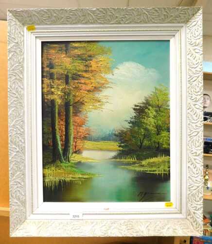 20thC School. River landscape with trees, oil on canvas, indistinctly signed, 47.5cm x 38cm.