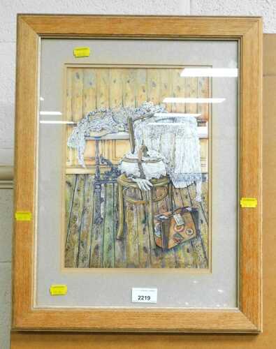 Sally Barnard. Still life with chair, table, lace garments, and a suitcase, with label titled...