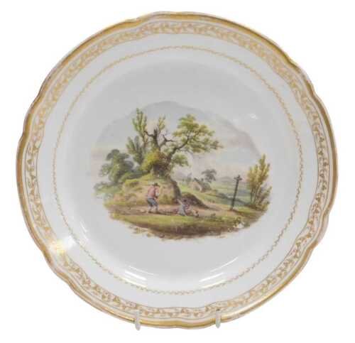 A late 18thC Pinxton porcelain plate, painted with a pastoral scene, after an engraved plate in...