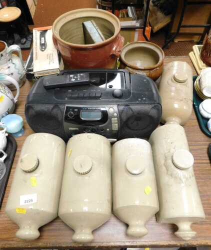 Five stoneware hot water bottles, two stoneware pots, Philips portable hi-fi, etc.