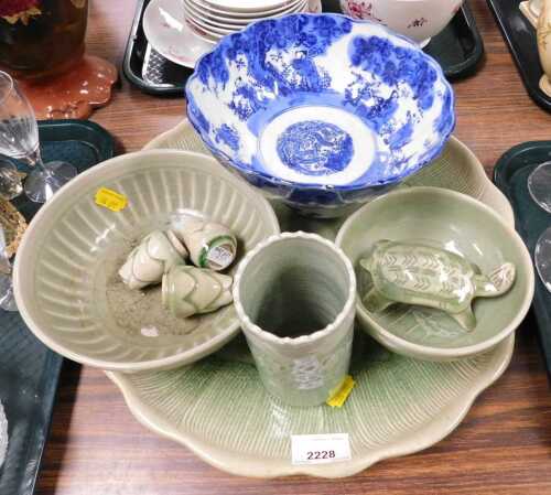 A collection of modern Oriental celadon glazed vases, plates, etc., a Japanese blue and white...