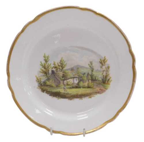 A late 18thC Pinxton porcelain plate, in the manner of Billingsley, with a landscape fronted by...