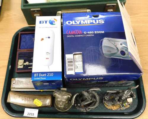 A silver plated boxer inkwell, BT telephone, drawing instruments, two harmonicas, Dragon Hunter...