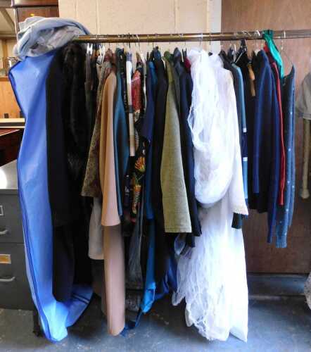 Lady's clothing, to include wool jumpers, a 1960s wedding dress and veil, a Saddle Country Class...