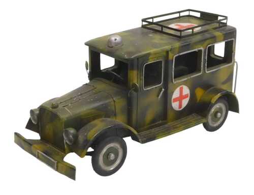A wooden scale model of a vintage military ambulance, painted in green camouflage colours, 34cm...