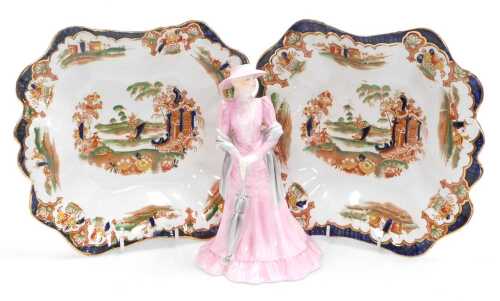 A Coalport figurine Lady of Fashion Ashley, and a pair of British Anchor pottery Japanese...