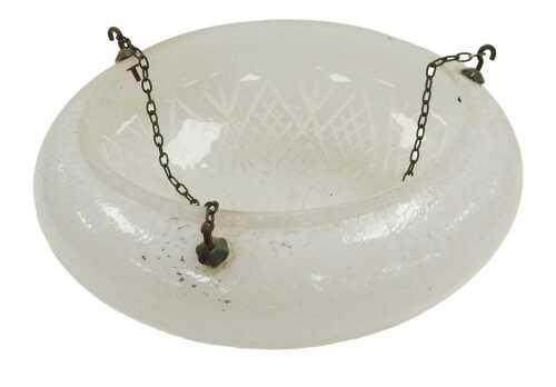 A mid century engraved and white opaline glass plafonnier, with three chain links, 36cm wide.