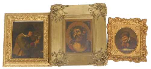 Continental School (late 18thC). Half length portrait of a man wearing a fur hat, holding a pipe...