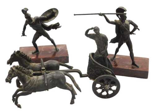 A late 19thC Grand Tour spelter figure of a Roman in a chariot, driven by two horses, 31cm wide,...