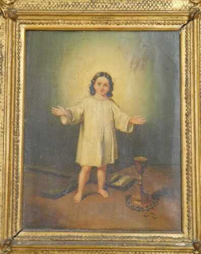 Continental School (19thC). Young girl standing with arms outstretched, oil on canvas, 24cm x 19cm.