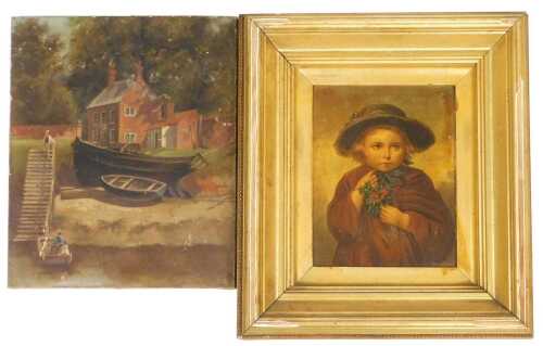 English School (late 19thC). Figures in a rowing boat, beside a shore with a house and woodland...