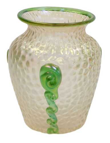 An early 20thC Loetz iridescent glass vase, with green trailed decoration and a green rim, 16cm...