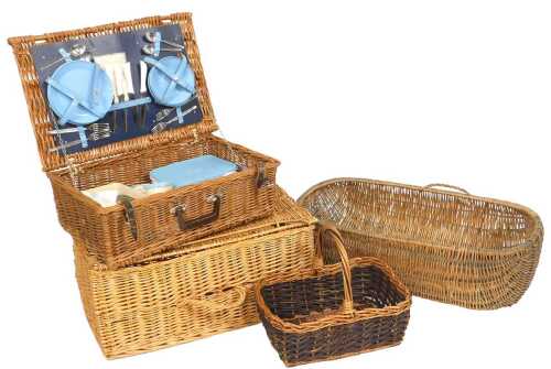 Two wicker hampers, one with contents, together with a log basket, and a further basket with a...