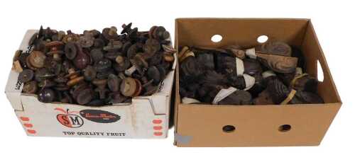 Assorted 19thC wooden furniture corbels, together with turned wooden drawer handles. (2 boxes)