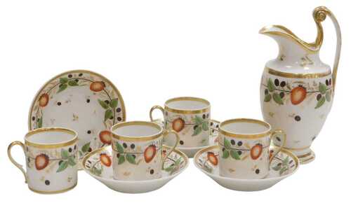 A 19thC Continental porcelain part coffee service, decorated in a strawberry vine pattern,...