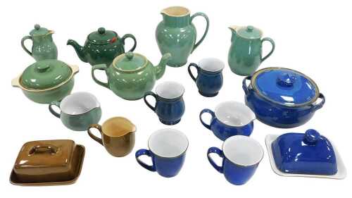A group of Denby pottery Manor Green and Imperial Blue pattern tea and dinner wares, including...