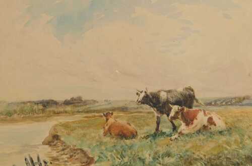 English School (late 19thC). Cattle at a river estuary, watercolour, signed indistinctly, 18.5cm...