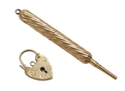 A 9ct gold cased propelling pencil, 10.4g all in, and a 9ct gold heart shaped padlock clasp,...
