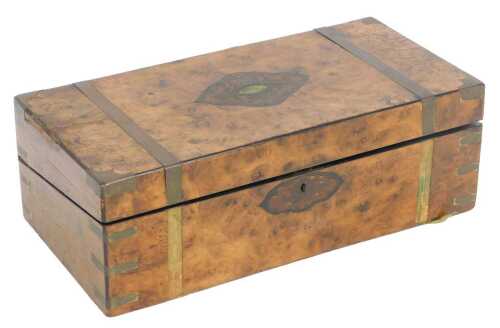 A Victorian figured walnut duet writing box, with brass fittings, inlay, and a fitted interior,...