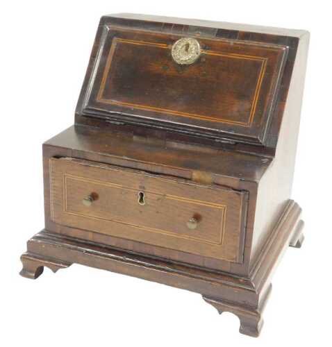 An 18thC Georgian mahogany apprentice bureau, with boxwood and ebony line inlay, the fall...