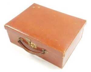 An early 20thC Cartier tan leather vanity case, gilt monogram stamped, with a brown watered silk... - 3
